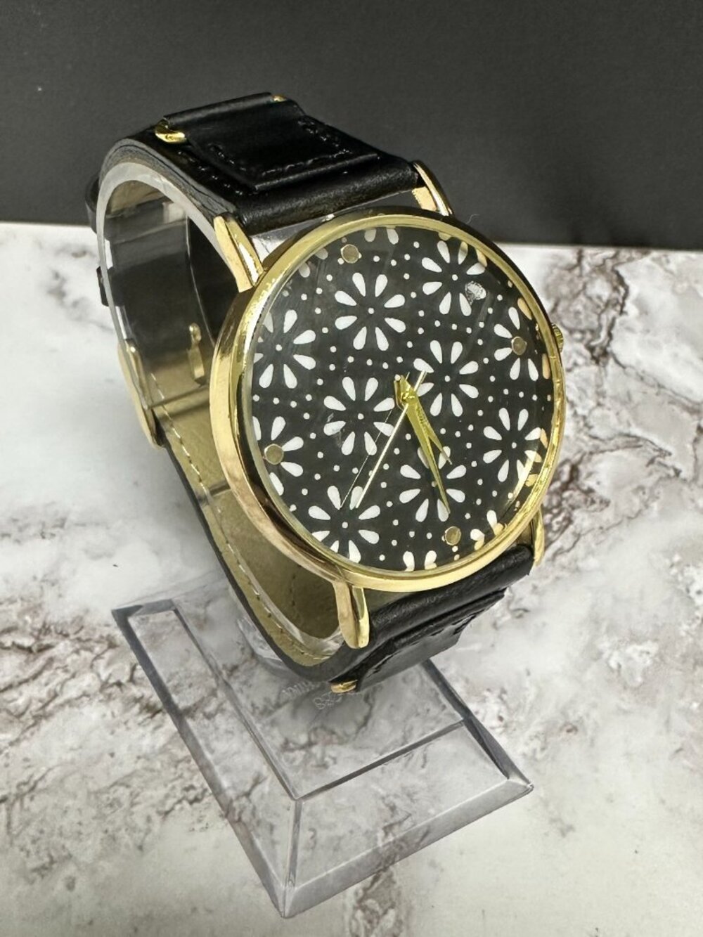 3/$30 Geneva Watch Women Gold Tone Floral Dial Black Leather Band New Battery